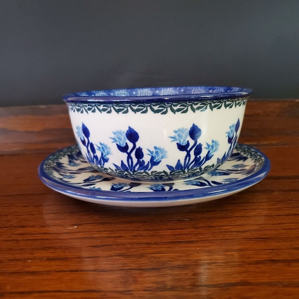 Boleslawiec Polish Pottery 5"  Blue Butterfly Bowl with Matching Underplate
